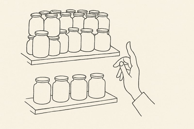 A single hand hovers over a small, tidy set of jars while a crowded shelf looms behind, capturing the pull between simplicity and overload.